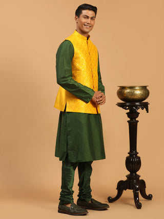 Vastramay Men's Yellow Embellished Ethnic Nehru Jacket with Kurta Pyjama Set