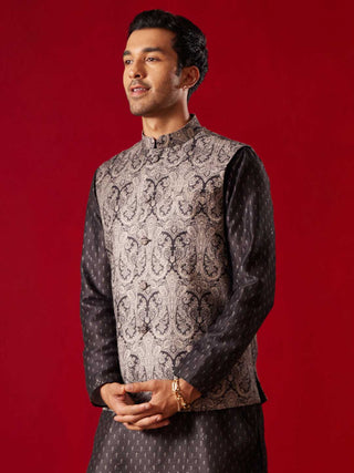 SHRESTHA By VASTRAMAY Men's Black Jacquard Silk Blend Ethnic Jacket