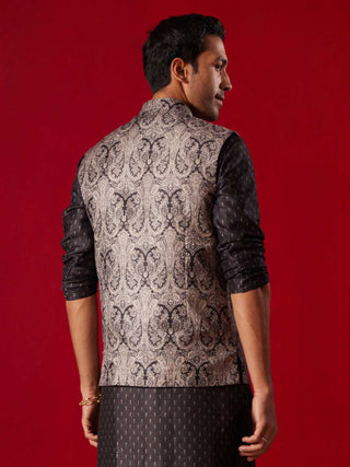 SHRESTHA By VASTRAMAY Men's Black Jacquard Silk Blend Ethnic Jacket