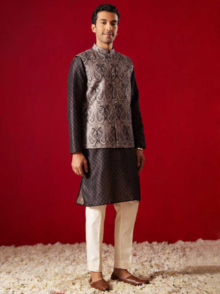 SHRESTHA By VASTRAMAY Men's Black Jacquard Silk Blend Ethnic Jacket With Kurta Pant Set