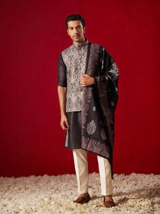 SHRESTHA By VASTRAMAY Men's Black Jacquard Silk Blend Ethnic Jacket Kurta Pant And Dupatta Set