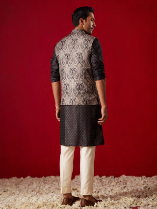 SHRESTHA By VASTRAMAY Men's Black Jacquard Silk Blend Ethnic Jacket Kurta Pant And Dupatta Set