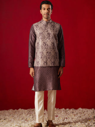 SHRESTHA By VASTRAMAY Men's Wine Jacquard Silk Blend Ethnic Jacket With Kurta Pant Set