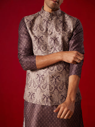 SHRESTHA By VASTRAMAY Men's Wine Jacquard Silk Blend Ethnic Jacket With Kurta Pant Set