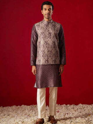 SHRESTHA By VASTRAMAY Men's Wine Jacquard Silk Blend Ethnic Jacket Kurta Pant And Dupatta Set