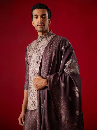 SHRESTHA By VASTRAMAY Men's Wine Jacquard Silk Blend Ethnic Jacket Kurta Pant And Dupatta Set