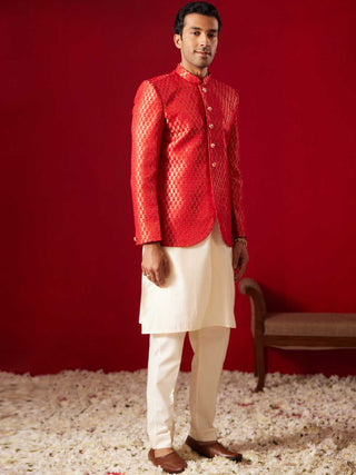 SHRESTHA By VASTRAMAY Men's Red Banarasi Woven Jodhpuri With Plain Kurta Pant Set