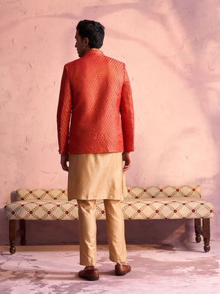 SHRESTHA By VASTRAMAY Men's Red Banarasi Woven Jodhpuri With Plain Kurta Pant Set