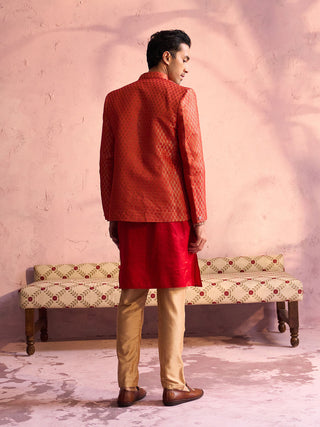 SHRESTHA By VASTRAMAY Men's Red Banarasi Woven Jodhpuri With Embroidered Kurta Pant Set