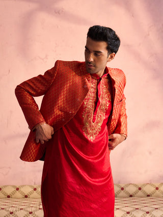SHRESTHA By VASTRAMAY Men's Red Banarasi Woven Jodhpuri With Embroidered Kurta Pant Set