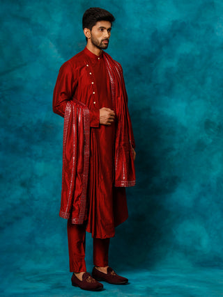 SHRESTHA By VASTRAMAY Men's Maroon Pleated Kurta Pant With Dupatta Set