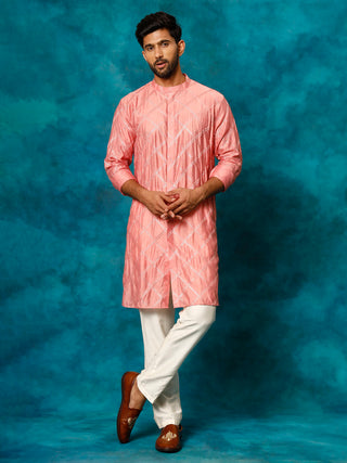 SHRESTHA BY VASTRAMAY Men's Onion Pink Chanderi Cotton Embellished Kurta Pant Set
