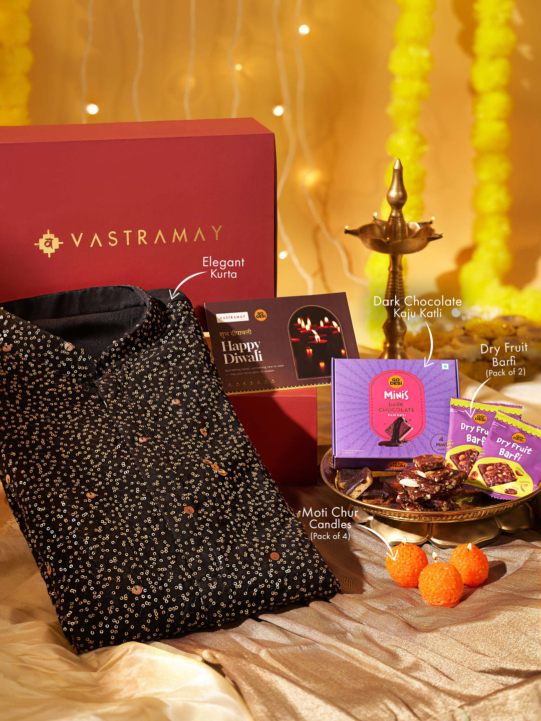 Vastramay Black Ombre Sequin Georgette Kurta | Diwali Gift Box with Go Desi Mithai &amp; 4 Laddoo Candles