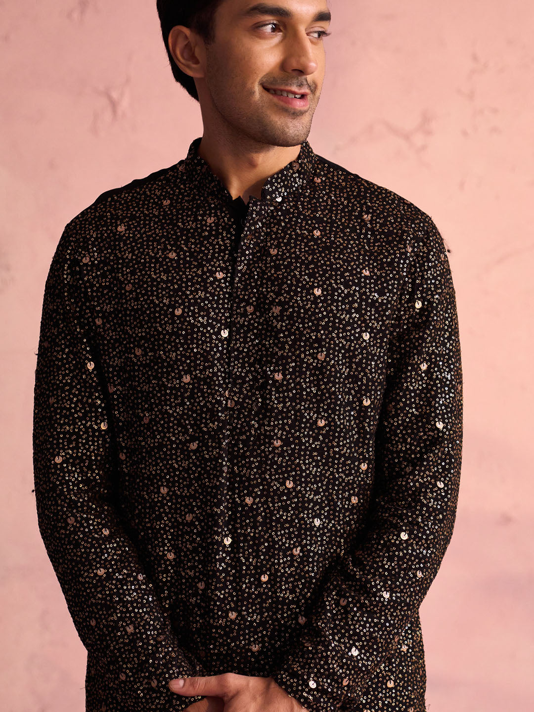 Men's Black Georgette Zari With Sequins Worked Kurta Pant Set
