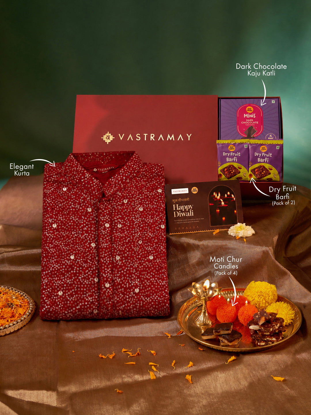 Vastramay Maroon Ombre Sequin Georgette Kurta | Diwali Gift Box with Go Desi Mithai &amp; 4 Laddoo Candles