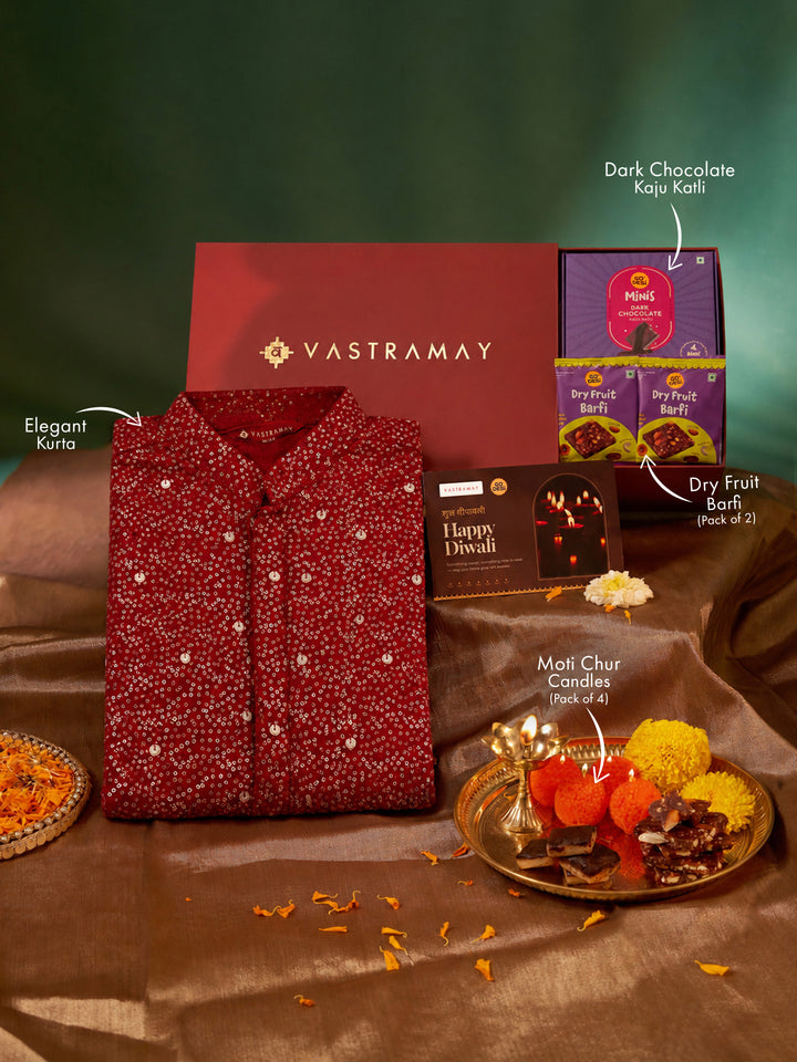 Vastramay Maroon Ombre Sequin Georgette Kurta | Diwali Gift Box with Go Desi Mithai &amp; 4 Laddoo Candles