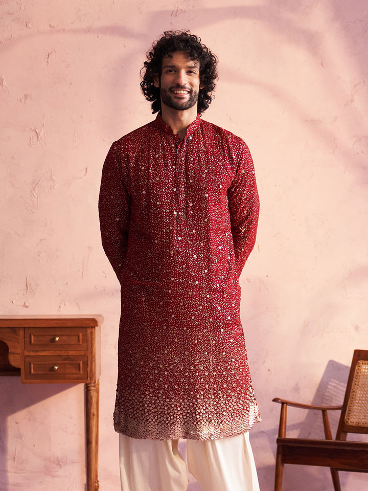 Vastramay Maroon Ombre Sequin Georgette Kurta | Diwali Gift Box with Go Desi Mithai &amp; 4 Laddoo Candles