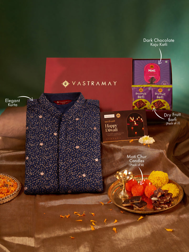Vastramay Navy Blue Ombre Sequin Georgette Kurta | Diwali Gift Box with Go Desi Mithai &amp; 4 Laddoo Candles