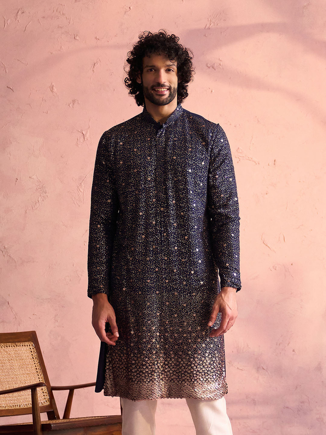 Vastramay Navy Blue Ombre Sequin Georgette Kurta | Diwali Gift Box with Go Desi Mithai &amp; 4 Laddoo Candles