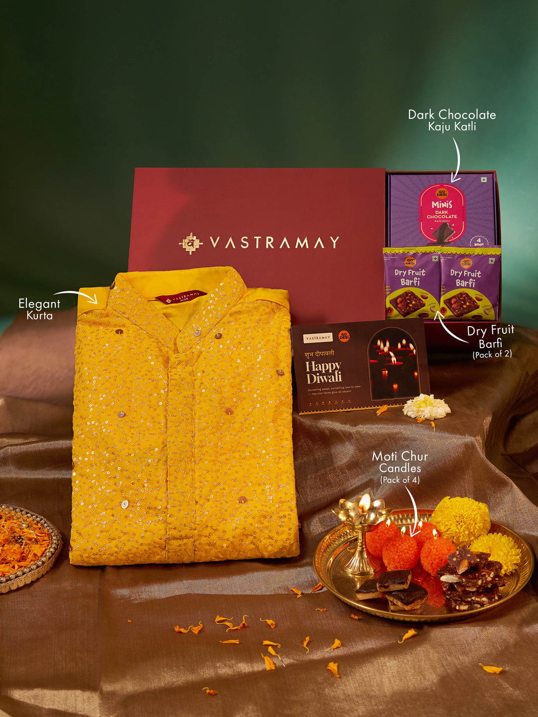 Vastramay Yellow Ombre Sequin Georgette Kurta | Diwali Gift Box with Go Desi Mithai &amp; 4 Laddoo Candles