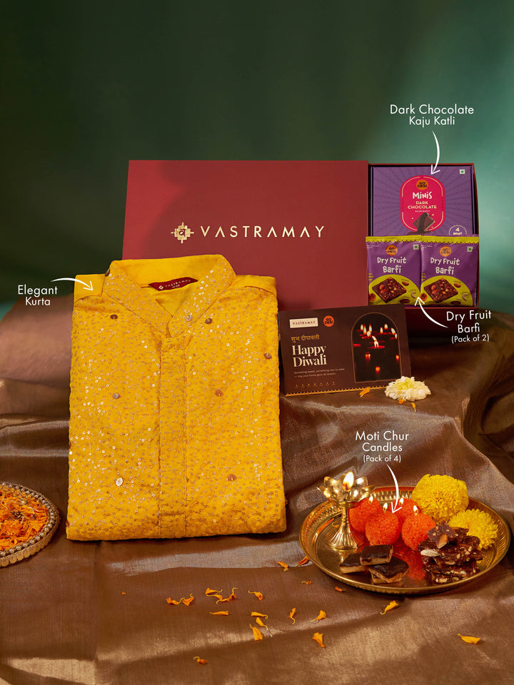 Vastramay Yellow Ombre Sequin Georgette Kurta | Diwali Gift Box with Go Desi Mithai &amp; 4 Laddoo Candles