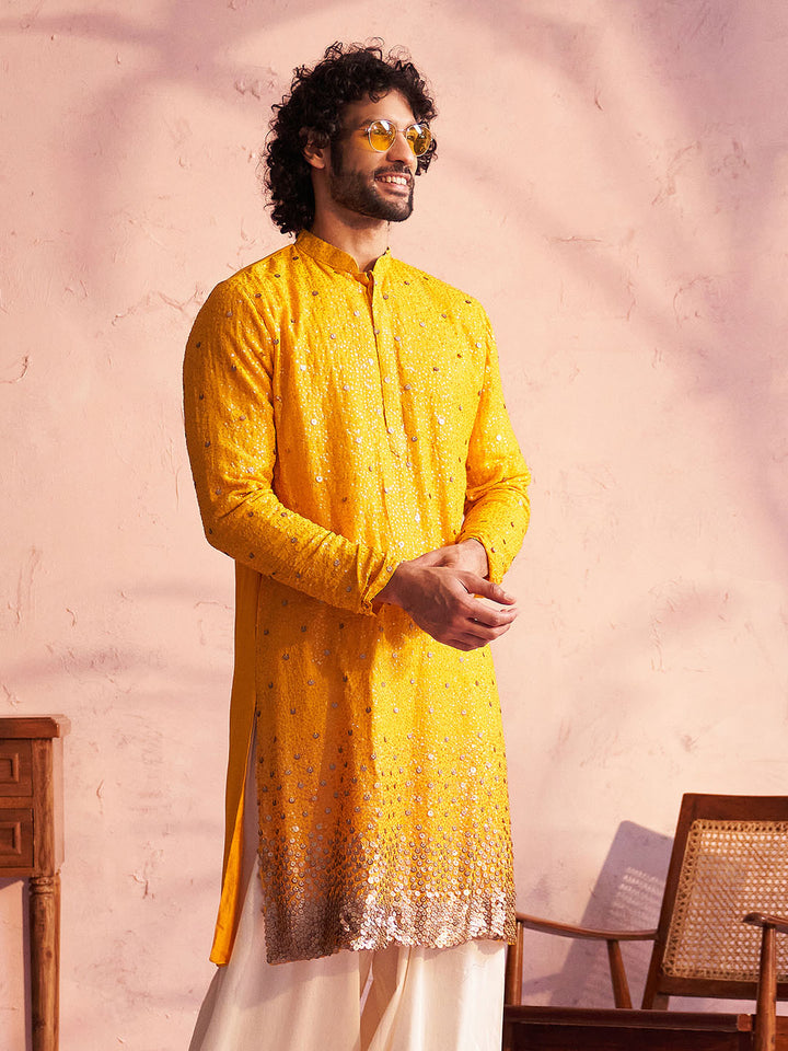 Vastramay Yellow Ombre Sequin Georgette Kurta | Diwali Gift Box with Go Desi Mithai &amp; 4 Laddoo Candles