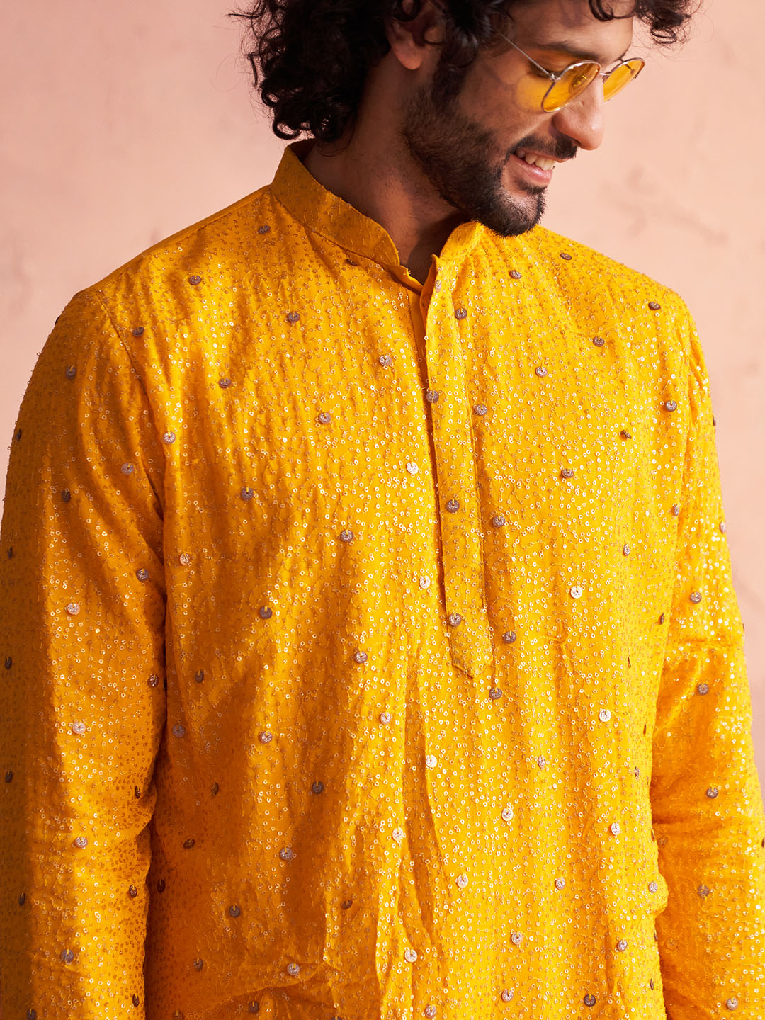 Vastramay Yellow Ombre Sequin Georgette Kurta | Diwali Gift Box with Go Desi Mithai &amp; 4 Laddoo Candles