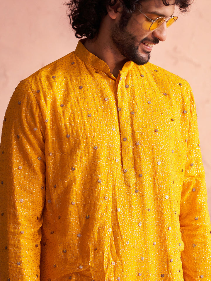 Vastramay Yellow Ombre Sequin Georgette Kurta | Diwali Gift Box with Go Desi Mithai &amp; 4 Laddoo Candles