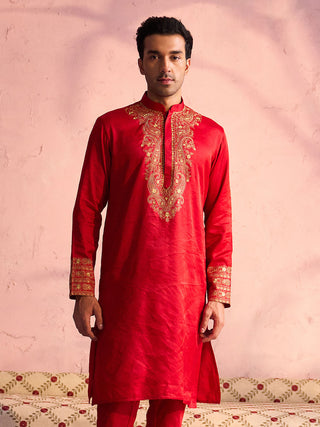 SHRESTHA By VASTRAMAY Men's Red Silk Blend Embroidered Ethnic Kurta