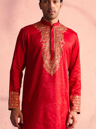 SHRESTHA By VASTRAMAY Men's Red Silk Blend Embroidered Ethnic Kurta
