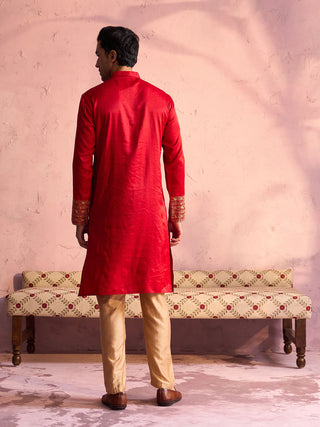 SHRESTHA By VASTRAMAY Men's Red Silk Embroidered Ethnic Kurta With Pant Set