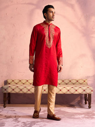 SHRESTHA By VASTRAMAY Men's Red Silk Embroidered Ethnic Kurta With Pant Set