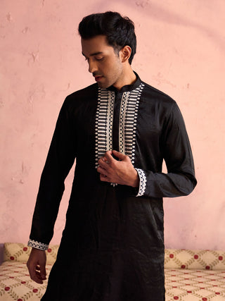 SHRESTHA BY VASTRAMAY Men's Black Silk Machine Embroidered Kurta Pyjama