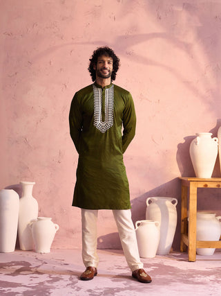 Vastramay Men's Mehndi Green Silk Machine Embroidered Kurta Pyjama