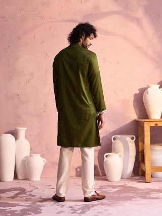 SHRESTHA BY VASTRAMAY Men's Mehndi Green Silk Machine Embroidered Kurta Pyjama