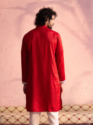 SHRESTHA BY VASTRAMAY Men's Red Silk Machine Embroidered Kurta