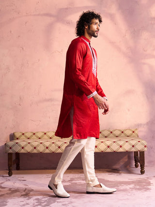SHRESTHA BY VASTRAMAY Men's Red Silk Blend Machine Embroidered Kurta Pyjama