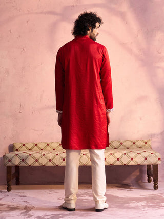 SHRESTHA BY VASTRAMAY Men's Red Silk Blend Machine Embroidered Kurta Pyjama