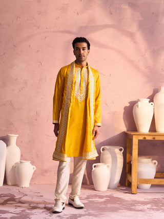 SHRESTHA BY VASTRAMAY Men's Yellow Silk Machine Embroidered Kurta Pyjama With Silk Dupatta Set