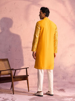 Vastramay Men's Yellow Georgette Embellished Kurta Pant Set