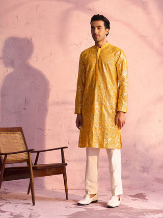 SHRESTHA BY VASTRAMAY Men's Yellow Georgette Embellished Kurta Pant Set
