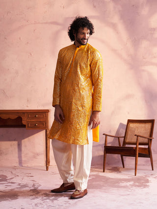 SHRESTHA BY VASTRAMAY Men's Yellow Georgette Embellished Kurta Patiala Set