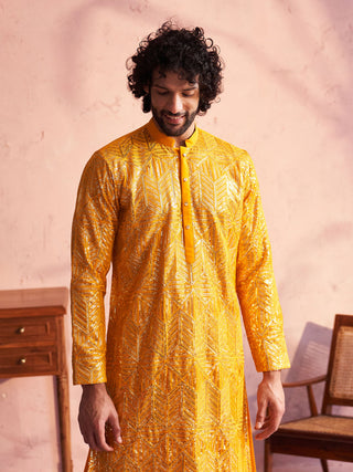 SHRESTHA BY VASTRAMAY Men's Yellow Georgette Embellished Kurta Patiala Set