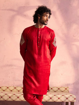 SHRESTHA By VASTRAMAY Men's Red Silk Blend Embroidered Kurta