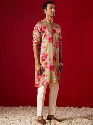 SHRESTHA BY VASTRAMAY Men's Green And Pink Floral Print Cotton Kurta Pant Set
