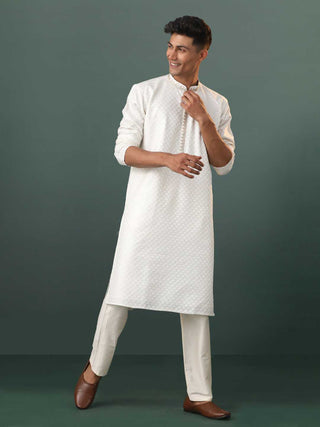 SHRESTHA By VASTRAMAY Men's White Embroidered Cotton Blend Kurta Pyjama Set