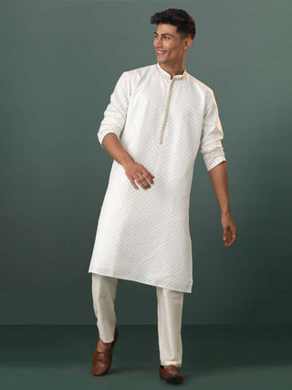 SHRESTHA By VASTRAMAY Men's Cream Embroidered Cotton Blend Kurta Pyjama Set