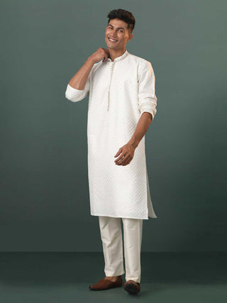 SHRESTHA By VASTRAMAY Men's Cream Embroidered Cotton Blend Kurta Pyjama Set