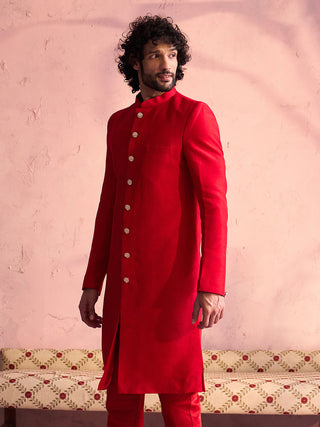 SHRESTHA BY VASTRAMAY Men's Red Silk Solid Sherwani Only Top