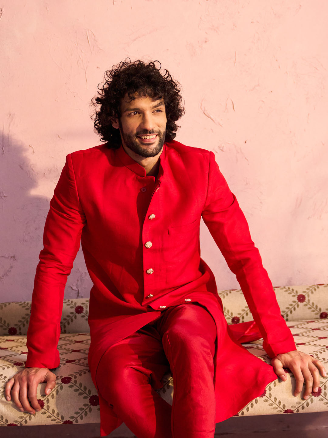 Men's Red Silk Solid Sherwani Set